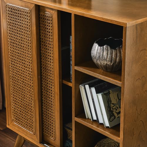 32" Mid Century Modern Rattan Sideboard Cabinet with 2 Sliding Doors