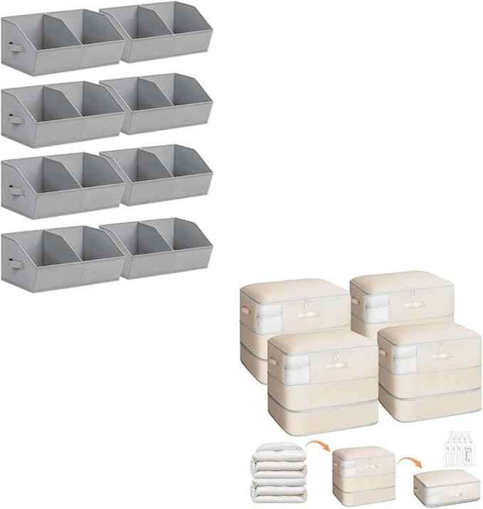 8 Pack Collapsible Divided Trapezoidal Cube Storage Bins And 4 Pack Compression Storage Bags