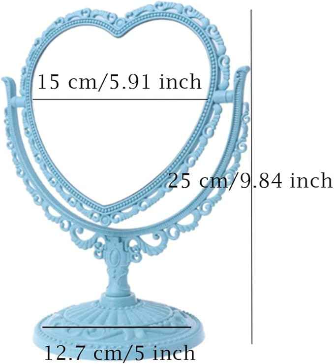 AKOAK Heart-Shaped Cosmetic Mirror - Plastic, Double-Sided, Rotatable, Lightweight - Bathroom & Bedroom Mirror (Blue)