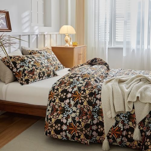 Queen Comforter Set Vintage Paisley Floral Comforter Set with Flowers Leaves Pattern Fluffy Soft Vibrant Bohemian Floral Bedding Set Cottagecore Botanical Flowers Comforter with 2 Pillow Shams