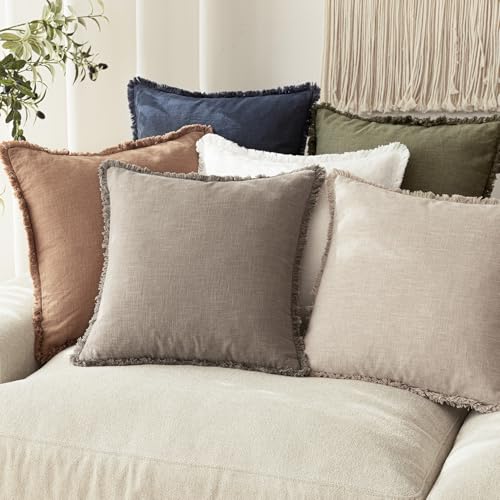 Decorative Linen Fringe Throw Pillow Covers 20×20 Inch (2 Count)