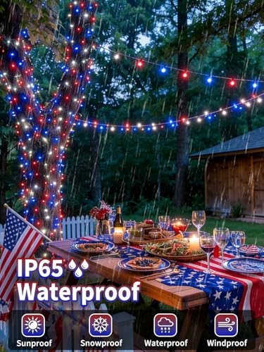 Solar Christmas String Lights Outdoor 2 Pack 200 LED 66FT Red White Blue (2 Count)