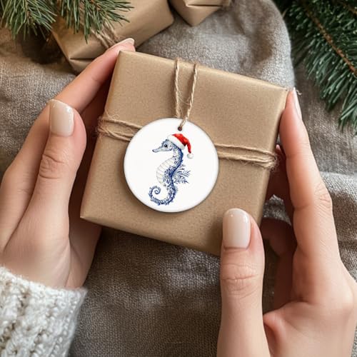 Blue Chinoiserie Santa Seahorse Christmas Ceramic Ornament