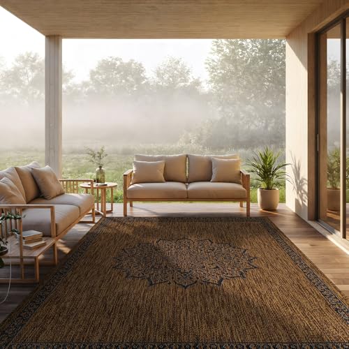 Outdoor Rug 8x10 Medallion Gold Modern Area Rugs for Indoor and Outdoor Patios Kitchen and Hallway Mats Washable Porch Deck Outside Carpet (80 Sq Ft)