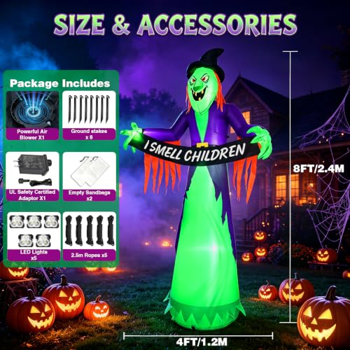 8FT Halloween Inflatable Witch Decorations for Outdoor Yard with LED Lights (Greenish Purple)