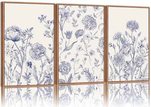 Large Classic Chinoiserie Flower Framed Canvas Wall Art Set (3 Count)