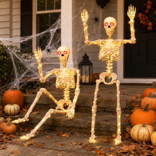 2PCS Halloween Lighted Skeletons Decoration White Light and Red Light Eyes (White LED Light)