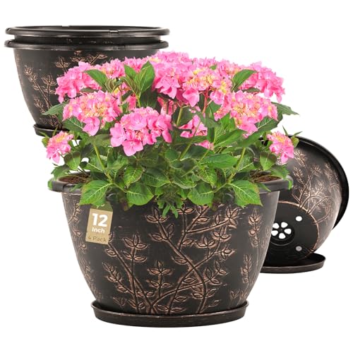 12-inch-Flower-Pots-Outdoor-Indoor, 4 Pack Plastic Planter Pots for Plant with Drainage Hole Saucer, Decorative Resin Garden Container with Tray (4 Count)