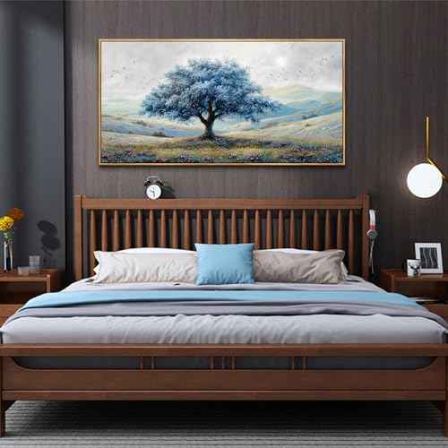 Large Wood Framed Wall Decor For Living Room Canvas Wall Art For Office Modern Wall Decorations For Bedroom Blue Tree Landscape Painting Farmhouse Pictures Artwork Home Decor 24x48 In