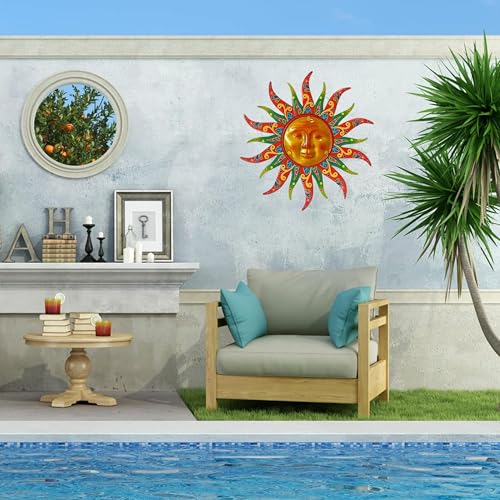 16 Inch Colorful Sun Face Metal Wall Decor