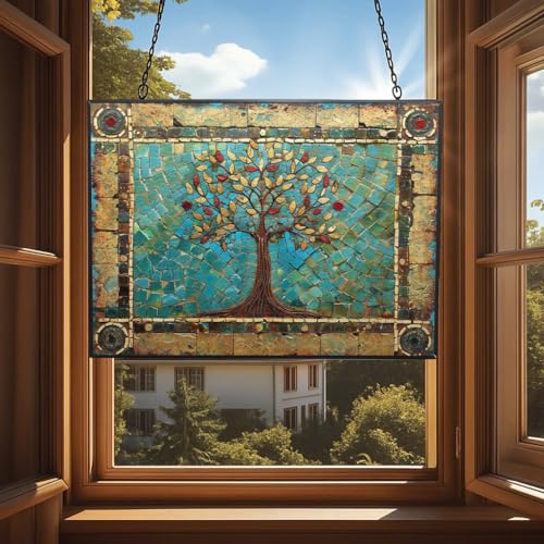 Rectangle Tree of Life Stained Glass Window Hanging Sun Catcher Halloween Haning Ornament Decoration Christmas Birthday Gifts for Lover Friends Mother