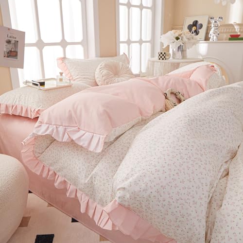 Pink Flower Comforter Set Full Vintage Coquette Bedding Comforter Cottagecore Floral Comforter Set with Elegant Ruffles Soft Fluffy Lightweight Botanical Bedding Set for Girls Women