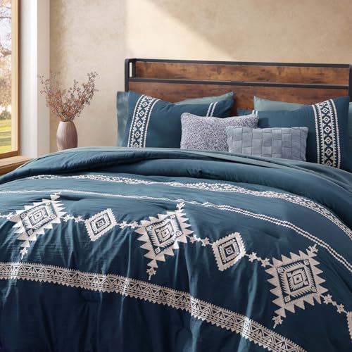 Embroidery Full Size Comforter Set 7 Pieces Navy Blue Bed in a Bag (7 Piece Set)