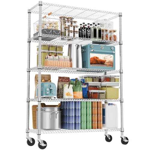1750LBS 47.2" W 5 Tiers Storage Shelves Metal Shelving Unit with Wheels Heavy Duty Garage Shelving Adjustable Wire Shelves for Pantry