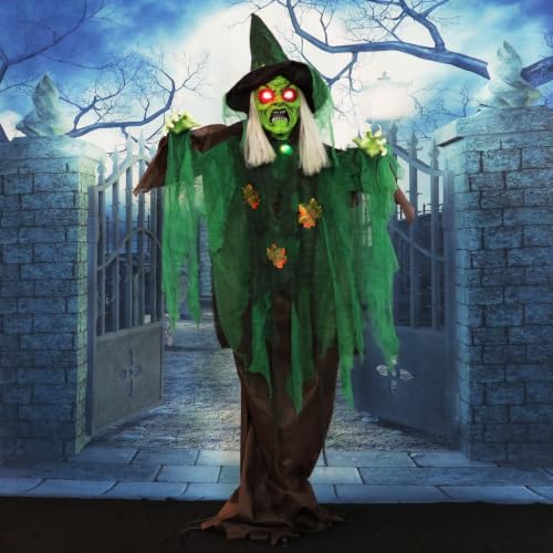 Talking Forest Witch Halloween Animatronic with Movement and Lights for Battery Operated Scary Indoor or Covered Outdoor Halloween Decorations (6FT Standing Witch)