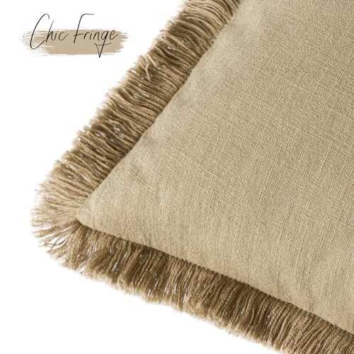 Decorative Linen Fringe Throw Pillow Covers 22×22 Light Khaki (2 Count)