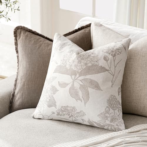 Set of 2 Linen Floral Vintage Throw Pillow Covers Neutral Accent Decorative Cushion Covers Farmhouse Boho Home Decor for Sofa Chair Couch Bedroom Living Room (2 Count)