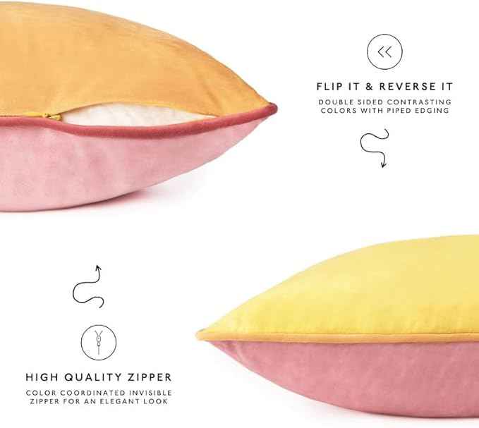 MONDAY MOOSE Decorative Throw Pillow Covers Cushion Cases, Set of 4 Soft Velvet Modern Double-Sided Designs, Mix and Match for Home Decor, Pillow Inserts Not Included (22x22 inch, Yellow/Pink)
