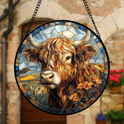 Scottish Highland Cow Stained Glass Window Hanging Suncatcher Gifts 12"