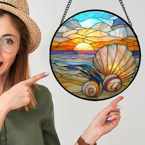 Ocean Stained Glass Window Hanging Suncatcher Beach Gifts for Women 12"