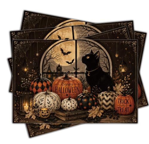 Halloween Placemats Set of 4 Black Cat Pumpkin Linen Table Mats 18x12 Inch (4 Count)