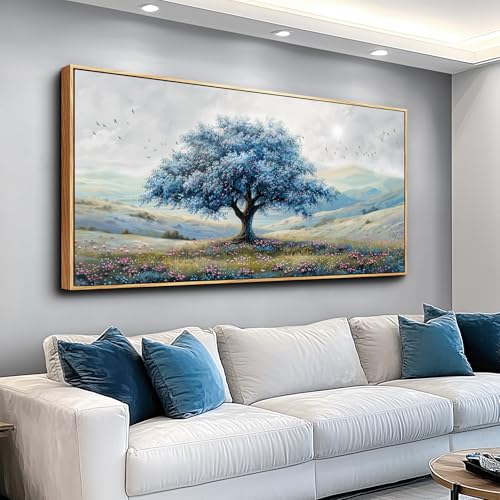 Wood Framed Canvas Wall Art For Living Room Large Wall Decor For Office Bedroom Decorations Blue Tree Landscape Pictures Farmhouse Paintings Artwork Wall Mural Modern Home Decor 30x60 In