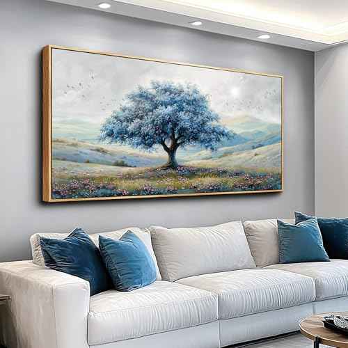 Large Wood Framed Wall Decor For Living Room Canvas Wall Art For Office Modern Wall Decorations For Bedroom Blue Tree Landscape Painting Farmhouse Pictures Artwork Home Decor 24x48 In