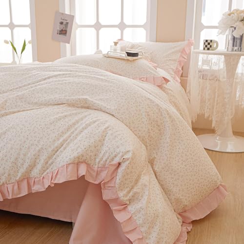 Pink Flower Comforter Set Full Vintage Coquette Bedding Comforter Cottagecore Floral Comforter Set with Elegant Ruffles Soft Fluffy Lightweight Botanical Bedding Set for Girls Women
