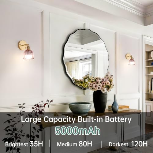 Vintage 5000 mAh Battery Operated Wall Sconce with Pink Clear Tulip Glass Lampshade Rechargeable Battery Powered Wall Light with Remote Control for Bedroom Doorway (2 Count)