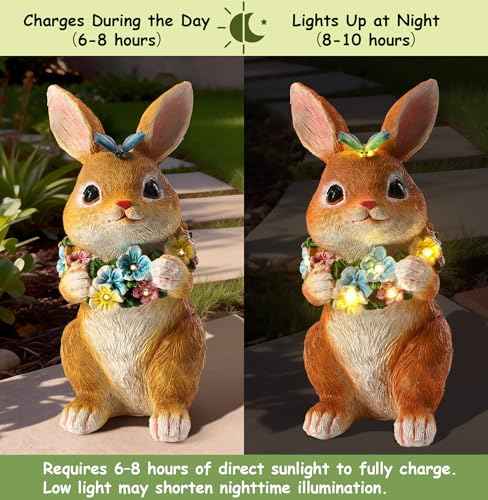 Solar Garden Statues Outdoor Bunny Decorations with Butterfly & Flowers Gifts for Mom