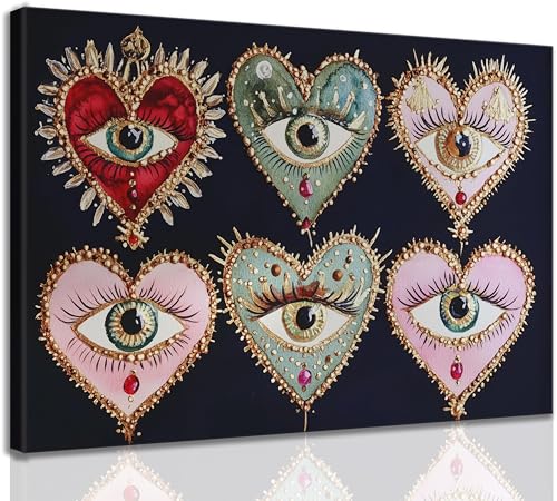 Psychedelic Eyes Canvas Wall Art Gothic Maximalist Witchy Art Wall Decor Picture Dark Academia Aesthetic Poster Eclectic Love Heart Jewel Gem Painting Print Artwork for Bedroom Living Room Decorate