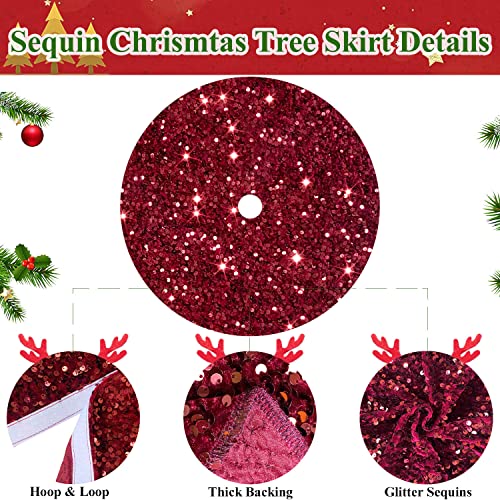 Sequins Christmas Tree Skirt 46 Inch Burgundy Xmas Tree Skirt Soft Fabric Christmas Tree Floor Mat Velvet Tree Skirt Christmas Tree Carpet for Indoor Home Party Decorations