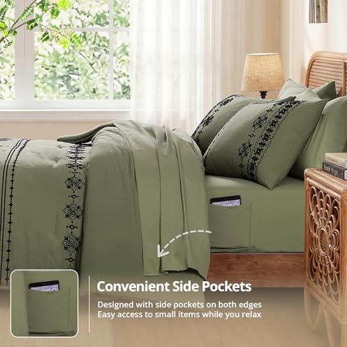 Queen Comforter Set Embroidery Floral 7 Pieces Bed in a Bag