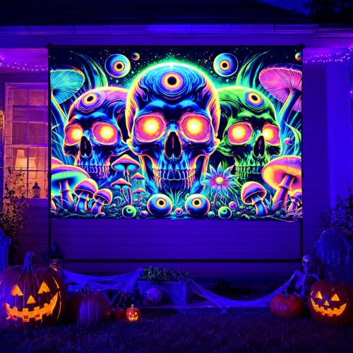 Blacklight Tapestry Skull Meditation Neon Decor 78 x 59 Inch