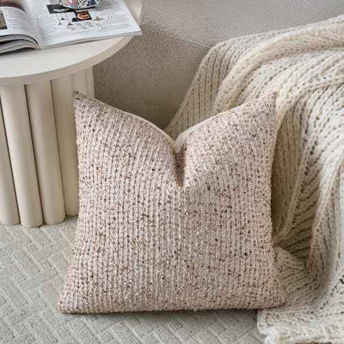 Striped Throw Pillow Covers 22x22 Set of 2 Beige Textured Boucle Chic Morden Boho Accent Farmhouse Square Decorative Couch Pillow Covers for Home Decor Bed Sofa Living Room (2 Count)