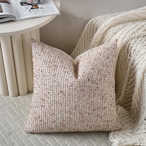 Striped Throw Pillow Covers 24x24 Set of 2 Beige Textured Boucle Chic Morden Boho Accent Farmhouse Square Decorative Couch Pillow Covers for Home Decor Bed Sofa Living Room (2 Count)