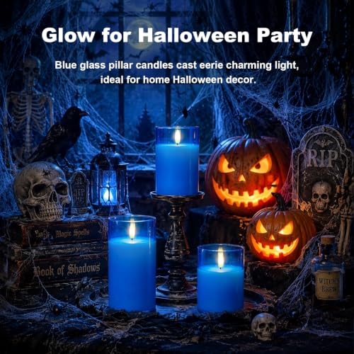 Blue Glass Flameless LED Candles Battery Operated with Remote Timer (3 Count)