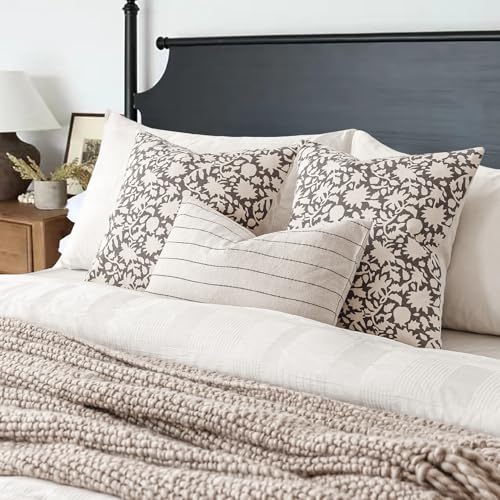 Set of 2 Decorative Neutral Floral Throw Pillow Covers Accent Farmhouse Cushion Covers Boho Vintage Pillowcase for Couch Sofa Bedroom Living Room Home Decor (2 Count)