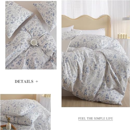 Vintage Flower Comforter Set King Blue Floral Bedding Comforter Cottagecore Flower Botanical Comforter Set Fluffy Soft Coquette Bedding King Size Lightweight Boho Floral Comforter with 2 Pillowcases (3 Piece Set)