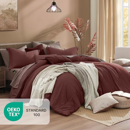 Queen Comforter Set 7 Pieces Cationic Dyeing Dark Red Bed in a Bag