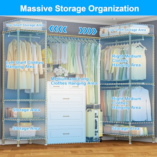 E10L L Shaped Clothes Rack for Corner（With Expandable Hanger Rod）Heavy Duty Freestanding Clothing Racks for Hanging Clothes