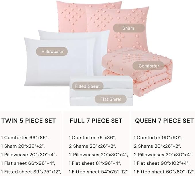 Geniospin Pink Twin Comforter Set for Girls- 5 Pieces Pom Tufted Bed in A Bag Twin Bedding Sets with Sheets, Pillowcases & Shams, All Season Kids Comforter Set