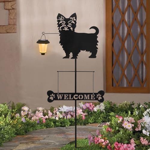 Solar Yorkie Silhouette Dog Breed Welcome Sign with a Lantern