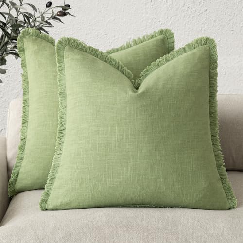 Decorative Linen Fringe Throw Pillow Covers 18×18 Lime Green (2 Count)