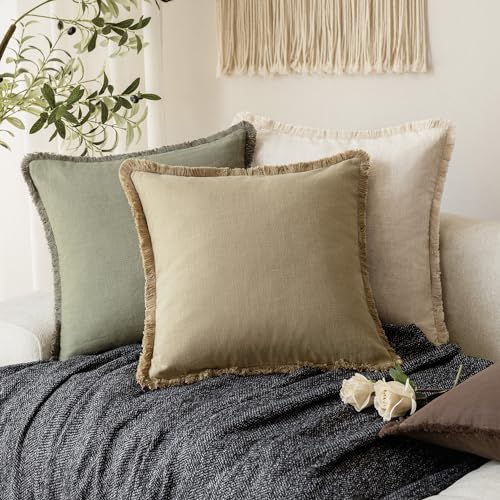 Decorative Linen Fringe Throw Pillow Covers 16×16 Light Khaki (2 Count)