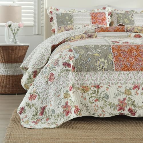 3 Piece Quilt Set King Size Quilted Bedspread Reversible Country Style Floral Real Patchwork Bedding Quilt Set with Ruffles with Pillowcases for All Seasons