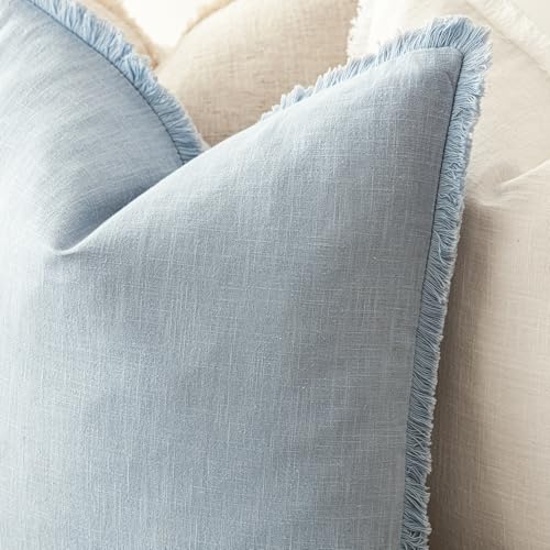 Boho Linen Fringe Lumbar Throw Pillow Covers 12×20 Sky Blue (2 Count)