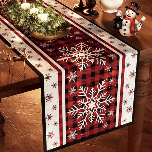Christmas Table Runner Snowflakes Christmas Decorations with Red Buffalo