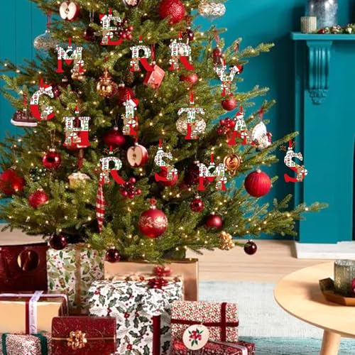14 Pcs Christmas Ornaments Cute 2D Acrylic Merry Christmas Alphabet Christmas Decorations for Tree with Elk Hat Design Hanging Ornaments DIY Decor for Home Winter Party Holiday