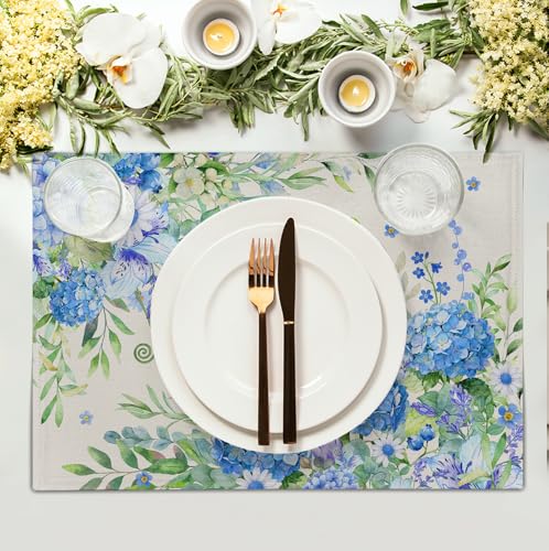 Blue Hydrangea Placemats Set of 4 Spring Summer Floral Green Leaf Bird Table Mat 12x18 Inch Rustic Daisy Flowers Hummingbird Place Mats for Party Kitchen Dining Outdoor Indoor Decor (4 Count)